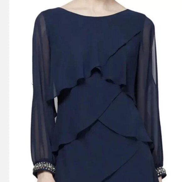 NWT SLNY Fashions Women's Embellished Long-Sleeve Tiered Chiffon Dress - 14 - Picture 2 of 10